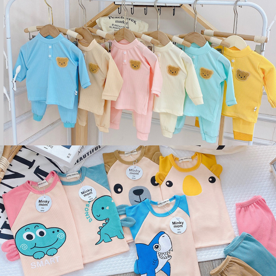 Bộ dài tay minkymom thu đông kẻ cho trẻ em bé trai gái đi học đi chơi cực ấm