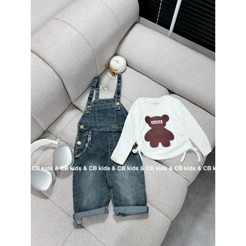 (12-30kg ) sét yếm jean dài phối áo thun dài tay in hình gấu cho bé gái