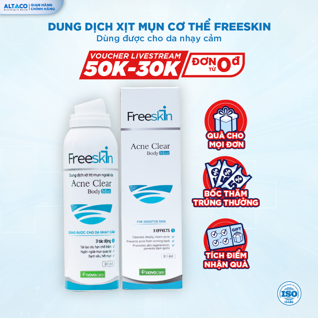 Xịt mụn lưng Novocare Freeskin hỗ trợ giảm mụn cơ thể, mờ thâm, giảm viêm nang lông 80ml