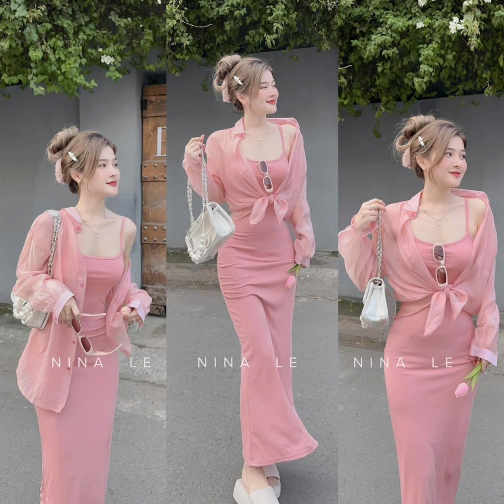 Set Đầm Nữ Đầm Suông Dài Body 2 Dây (Có Mút) Kèm Áo Sơ Mi Cài Nút Khoác Ngoài Hách Dáng Siêu Cuốn Hút