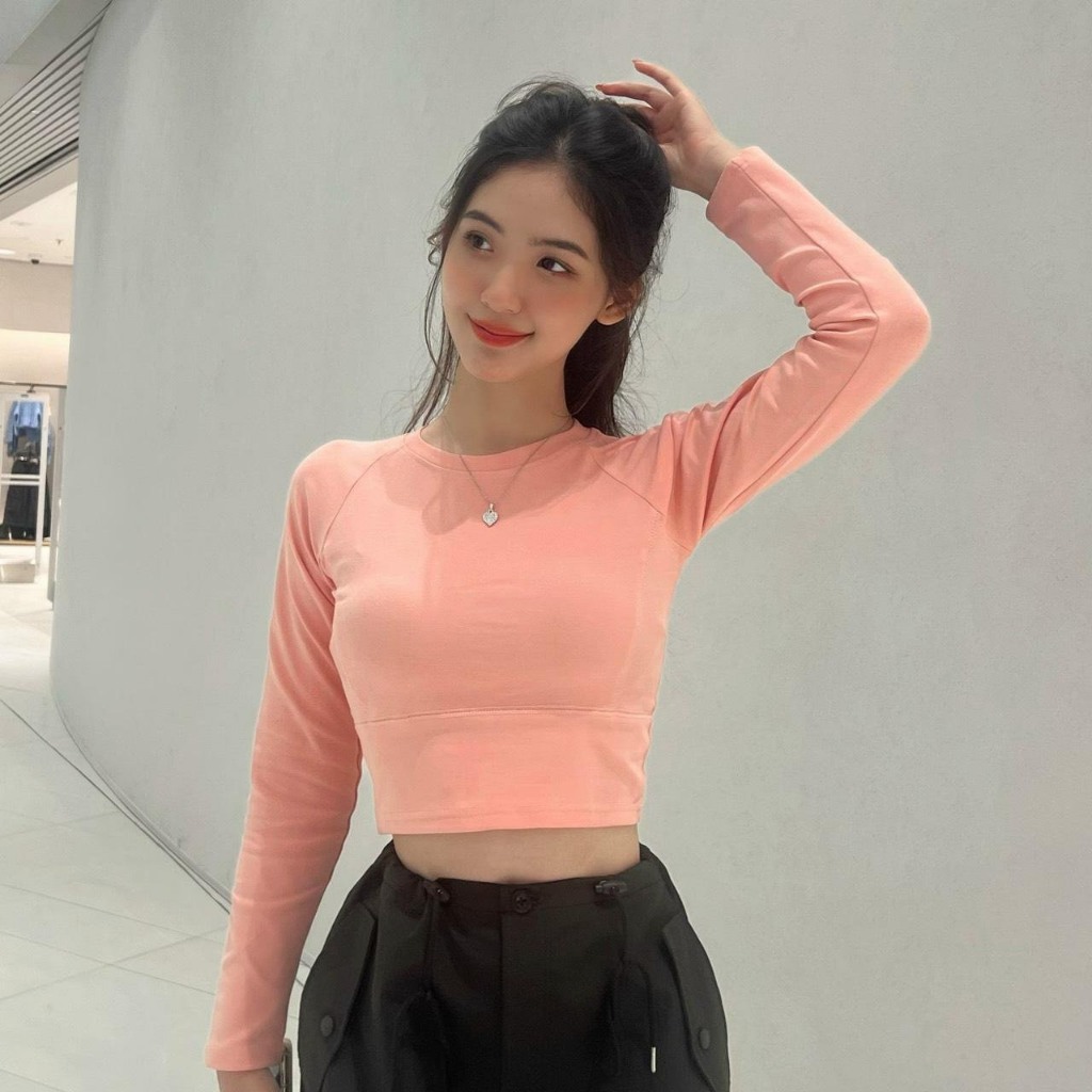 Áo croptop tay dài cổ tròn nữ basic ôm body