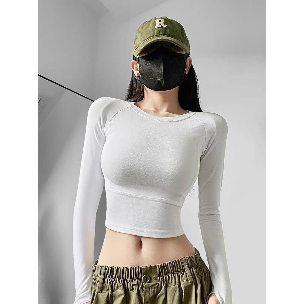 Áo croptop tay dài cổ tròn nữ basic ôm body