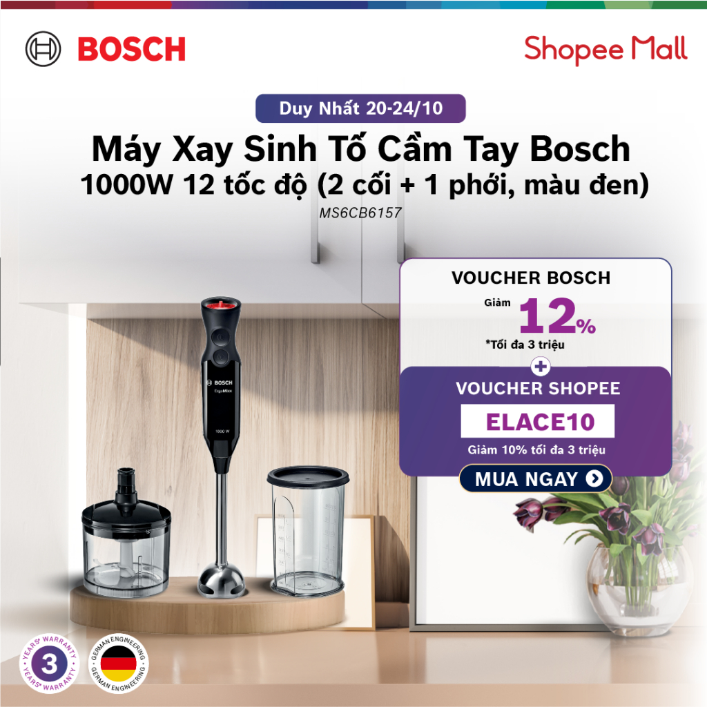 Máy xay sinh tố cầm tay MS6CB6157 1000W 12 tốc độ (2 cối + 1 phới, màu đen) - Hàng chính hãng