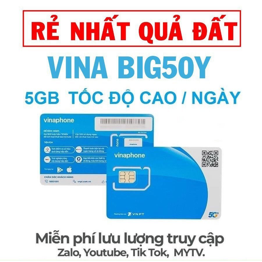Sim 4G Vinaphone Big50y Trọn Gói 3 Tháng 5GB Data 1 Ngày Miễn Phí xem Youtube, Tik Tok, Zalo