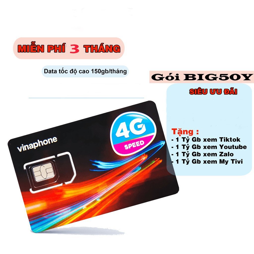 Sim Vinaphone 4G Big50y Tặng 5gb 1 ngày miễn phí 3 tháng dung lượng data khủng hết 3 tháng gia hạn chỉ 50k 1 Tháng