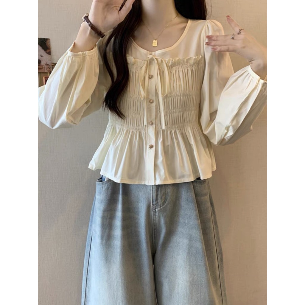 Áo sơ mi nữ dài tay A.545, Áo sơ mi dài tay cổ tròn nhún eo cột nơ ngực bánh bèo - Shop Chấm Bi