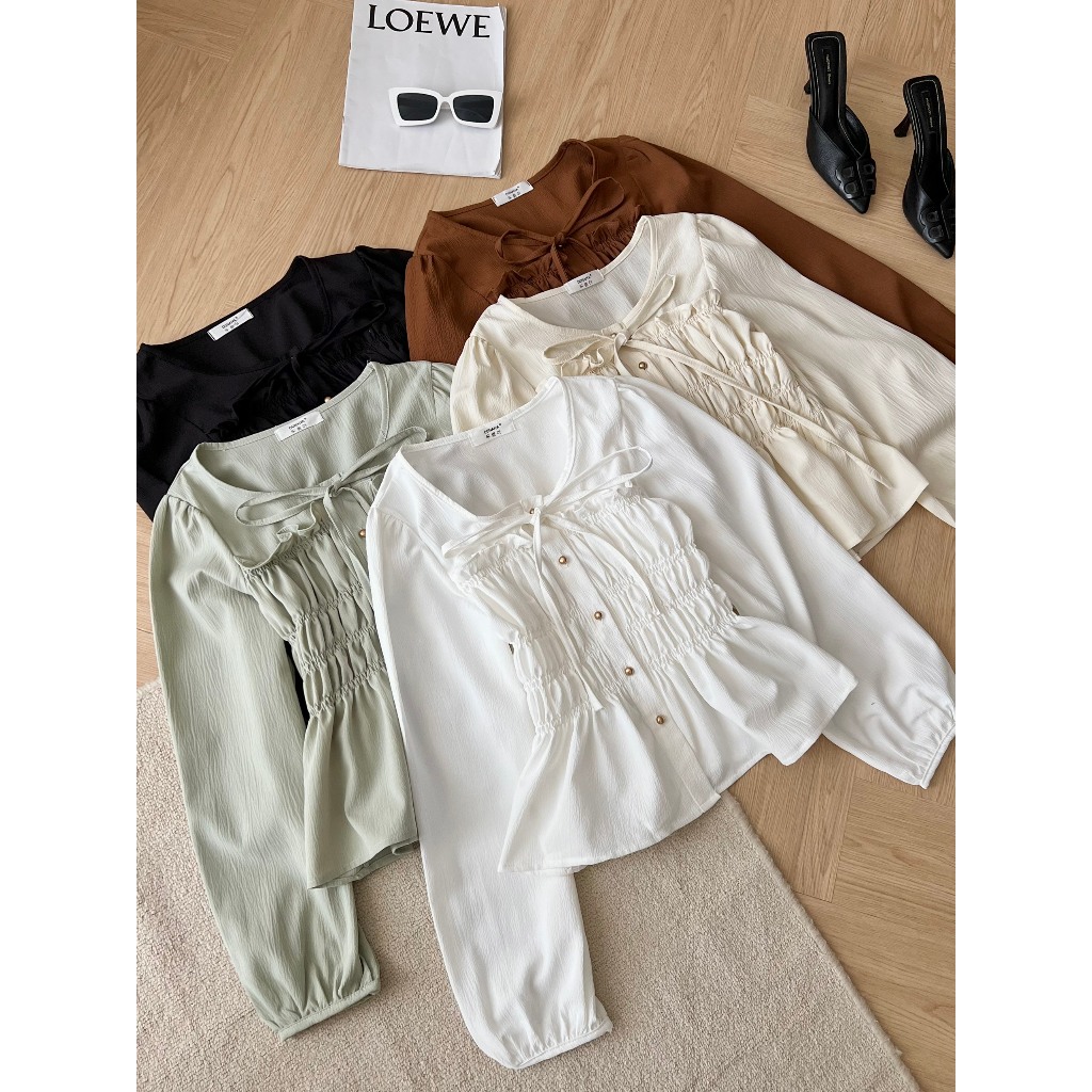 Áo sơ mi nữ dài tay A.545, Áo sơ mi dài tay cổ tròn nhún eo cột nơ ngực bánh bèo - Shop Chấm Bi