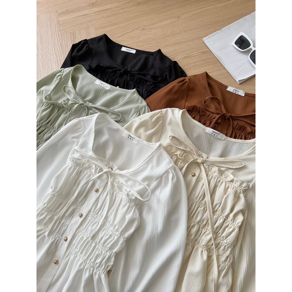 Áo sơ mi nữ dài tay A.545, Áo sơ mi dài tay cổ tròn nhún eo cột nơ ngực bánh bèo - Shop Chấm Bi