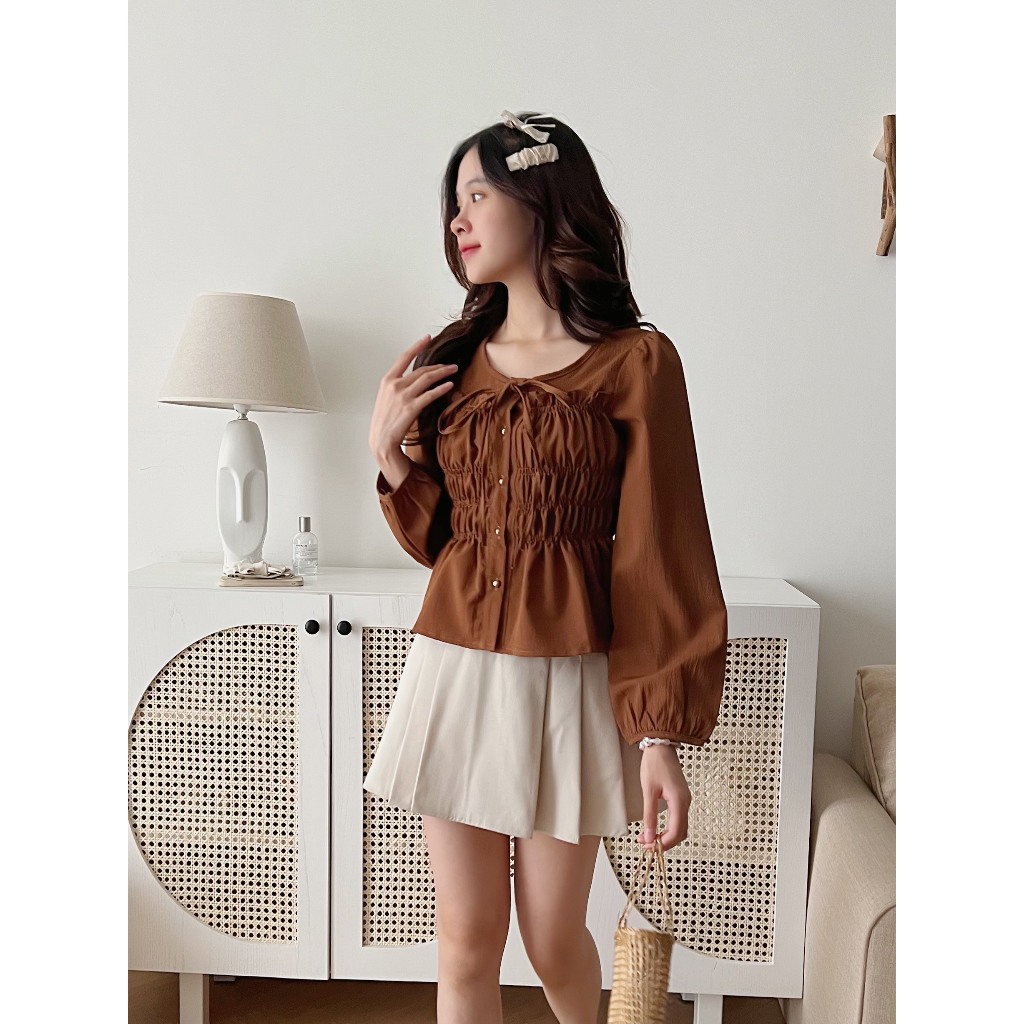 Áo sơ mi nữ dài tay A.545, Áo sơ mi dài tay cổ tròn nhún eo cột nơ ngực bánh bèo - Shop Chấm Bi