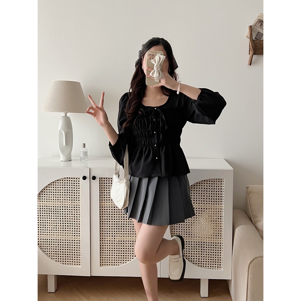 Áo sơ mi nữ dài tay A.545, Áo sơ mi dài tay cổ tròn nhún eo cột nơ ngực bánh bèo - Shop Chấm Bi