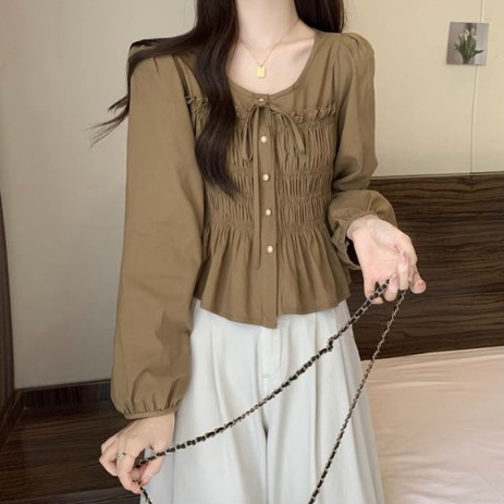 Áo sơ mi nữ dài tay A.545, Áo sơ mi dài tay cổ tròn nhún eo cột nơ ngực bánh bèo - Shop Chấm Bi