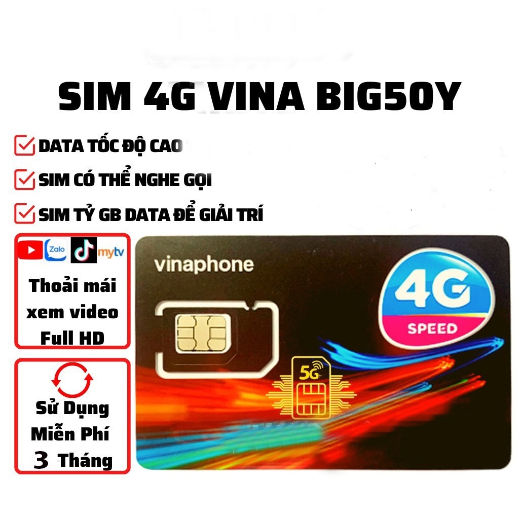 Sim Vinaphone 4G Big50y Tặng 5gb 1 ngày miễn phí 3 tháng dung lượng data khủng hết 3 tháng gia hạn chỉ 50k 1 Tháng