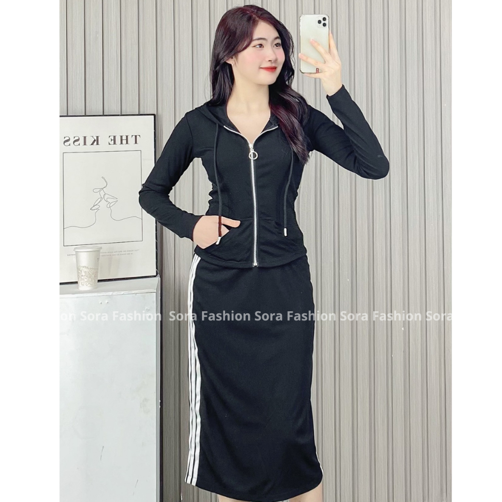 Set Bộ Nữ Bigisze Sora Fashion,Set Chân Váy Áo Khoác Có Mũ Chất Liệu Tăm Hàn 105