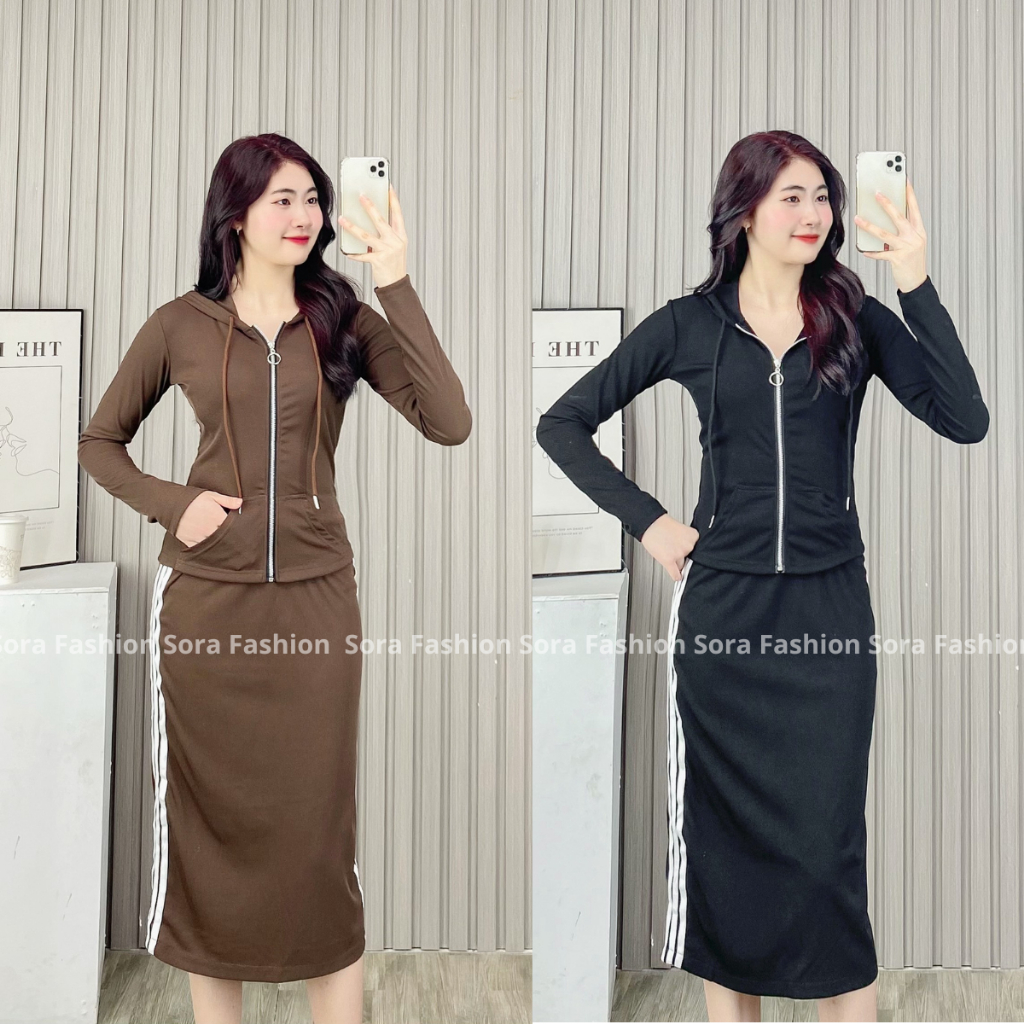 Set Bộ Nữ Bigisze Sora Fashion,Set Chân Váy Áo Khoác Có Mũ Chất Liệu Tăm Hàn 105