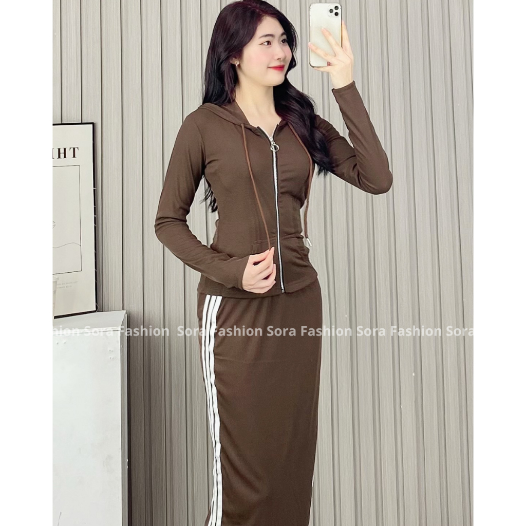 Set Bộ Nữ Bigisze Sora Fashion,Set Chân Váy Áo Khoác Có Mũ Chất Liệu Tăm Hàn 105