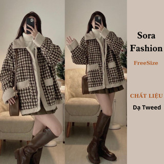 Áo Khoác Dạ Tweed Sora Fashion,Áo Khoác Dạ Nữ Hoạ Tiết Caro Lót Lông Cừu FreeSize 108