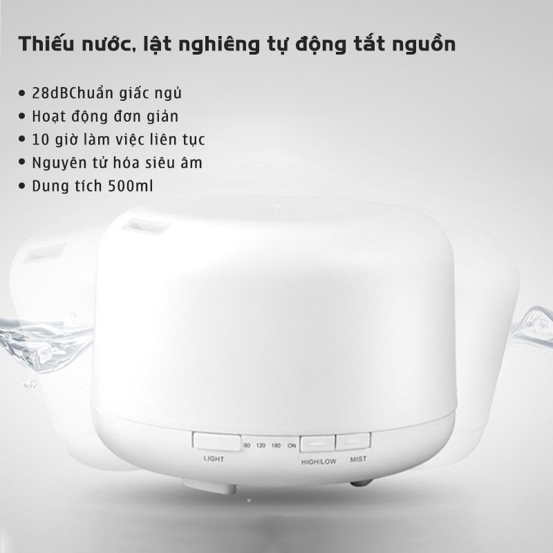 Máy xông tinh dầu siêu âm dung tích 500ml, Phun Sương Tạo Độ Ẩm, đèn LED 7 màu thay đổi