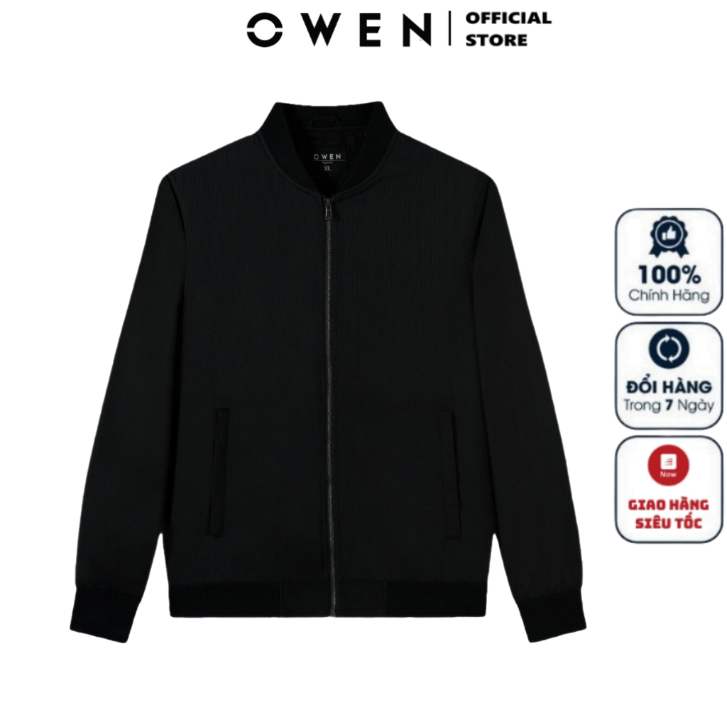 Áo khoác nam Owen JK231604 jacket màu đen họa tiết vải polyester cao cấp dáng suông bo cổ tay và gấu
