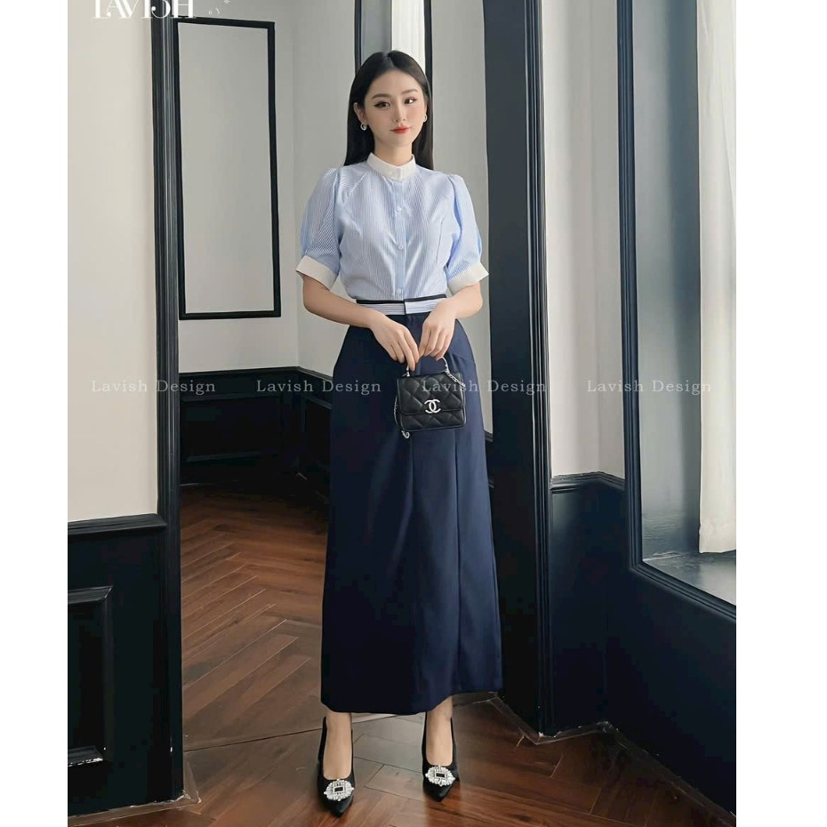 Set Bộ Công Sở Nữ Áo Sơ Mi Kẻ Tay Ngắn Cổ Bo Góc Tay Áo Phối Viền Mix Chân Váy Midi Phong Cách Ulzzang Thanh Lịch
