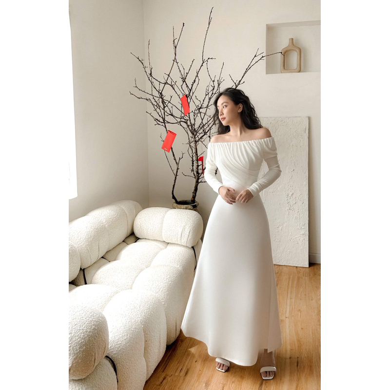 Đầm trễ vai dài tay thiết kế chất liệu umi silk co dãn mềm nhẹ thanh lịch sang chảnh