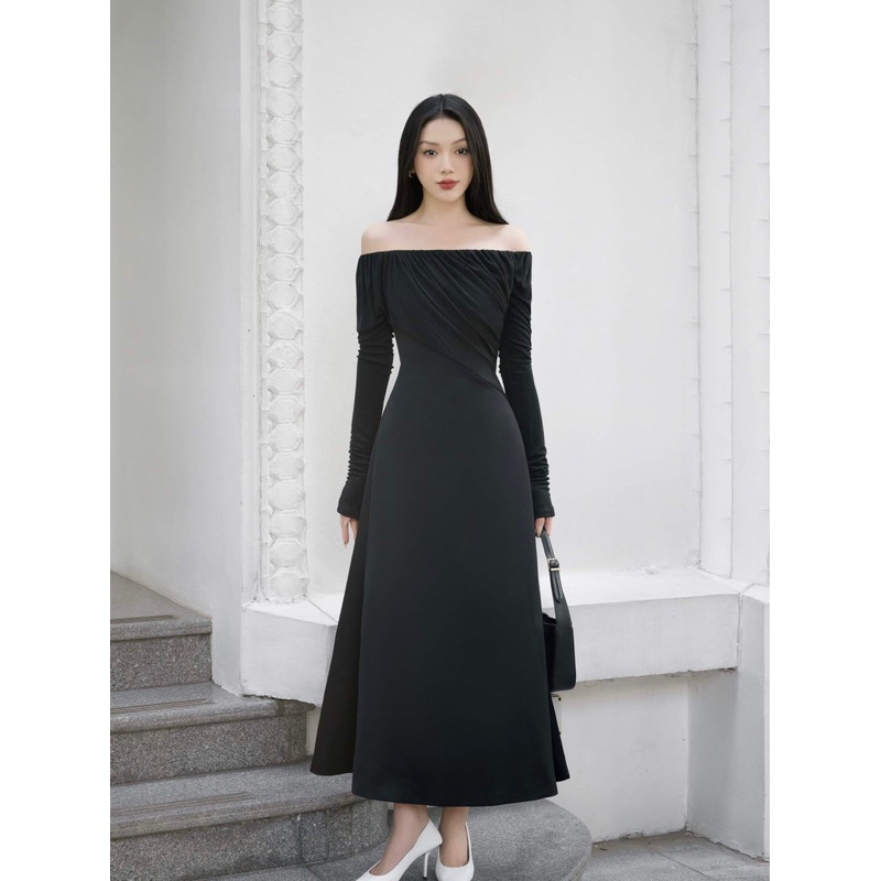 Đầm trễ vai dài tay thiết kế chất liệu umi silk co dãn mềm nhẹ thanh lịch sang chảnh