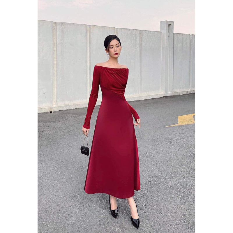 Đầm trễ vai dài tay thiết kế chất liệu umi silk co dãn mềm nhẹ thanh lịch sang chảnh