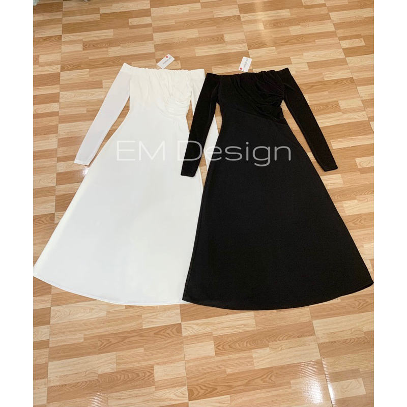 Đầm trễ vai dài tay thiết kế chất liệu umi silk co dãn mềm nhẹ thanh lịch sang chảnh