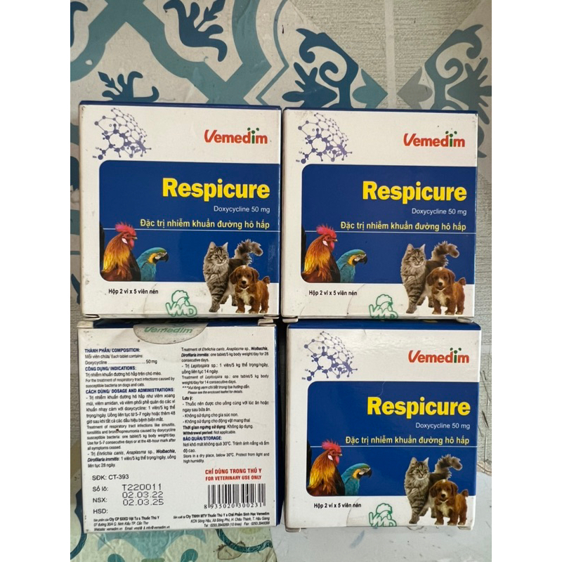 Respicure (Date 2/3/25) Phòng các b nhiễm khuẩn trên chó,mèo, chim cảnh ,gà đá / Resicure hộp 10 viên trong hộp bạc