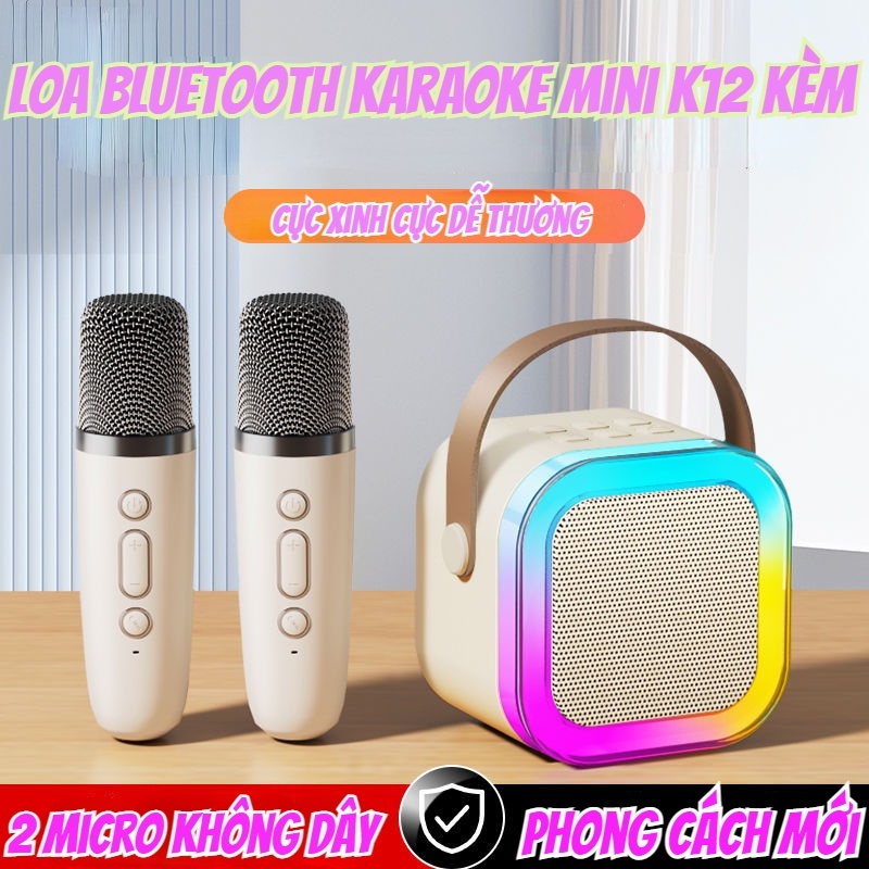 Loa Karaoke Mini K12 Kết Nối Bluetooth Kèm 2 Mic Không Dây Công Suất 10W - LOA