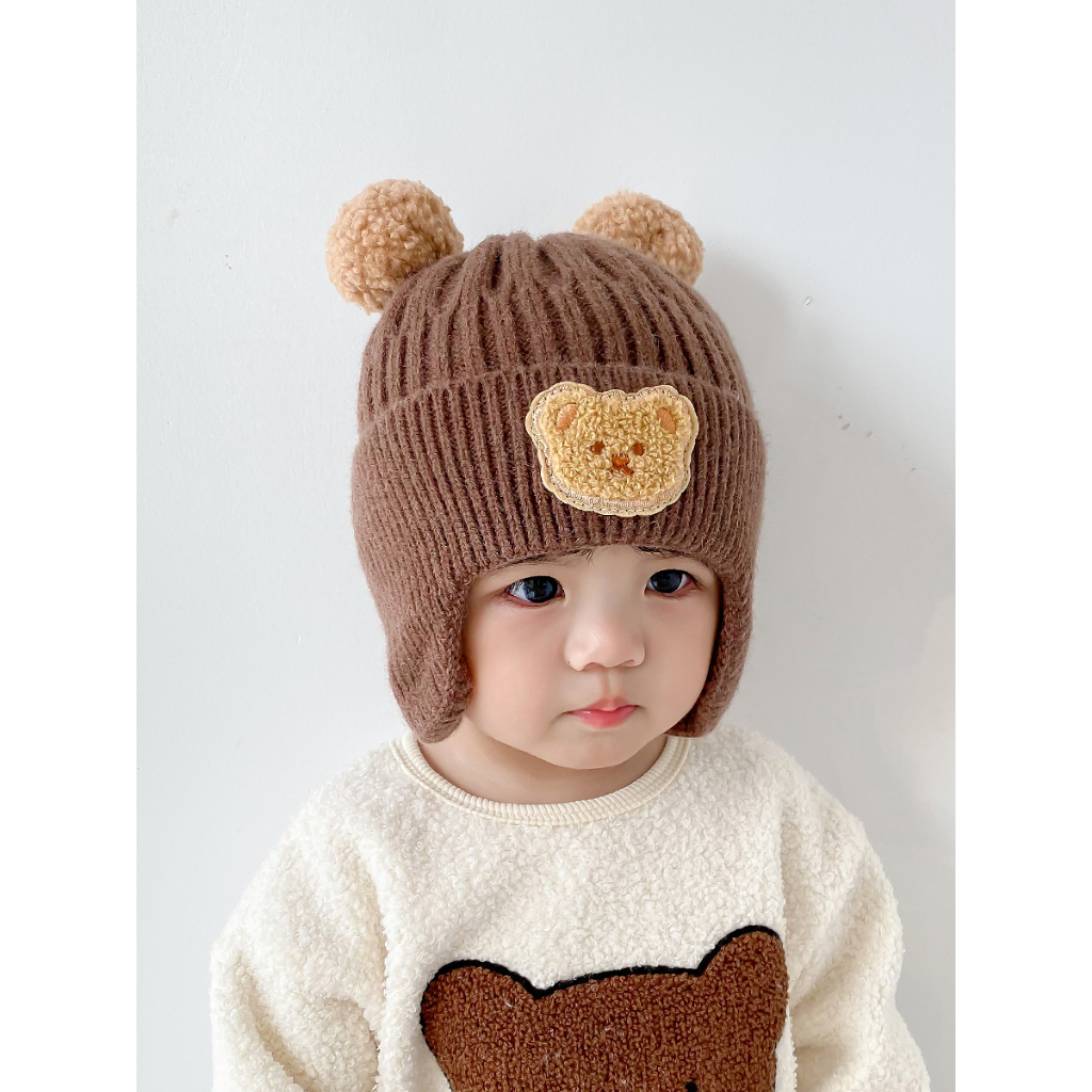 Mũ len bịt tai cục bông đính gấu dễ thương cho bé