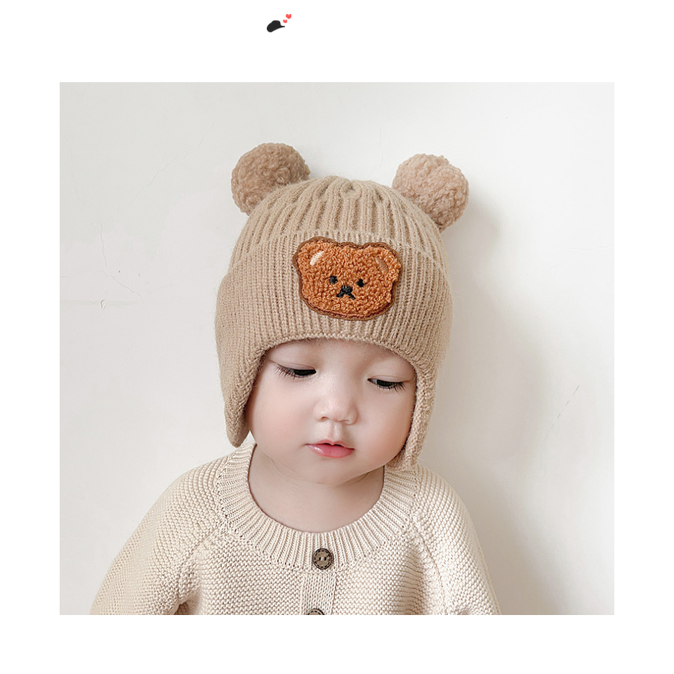 Mũ len bịt tai cục bông đính gấu dễ thương cho bé
