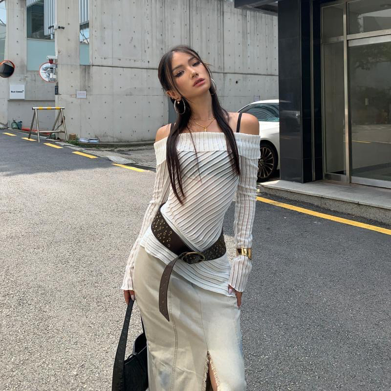 Áo len dệt kim trễ vai vạt xéo thời trang nữ thu đông