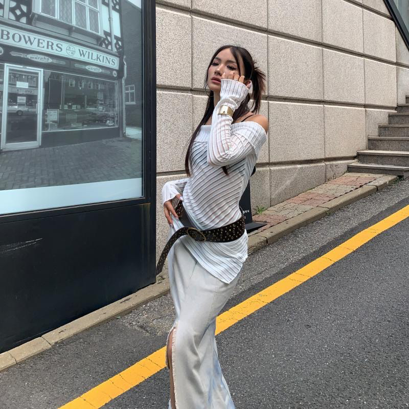 Áo len dệt kim trễ vai vạt xéo thời trang nữ thu đông