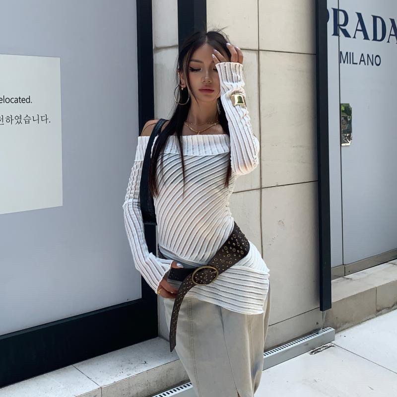 Áo len dệt kim trễ vai vạt xéo thời trang nữ thu đông