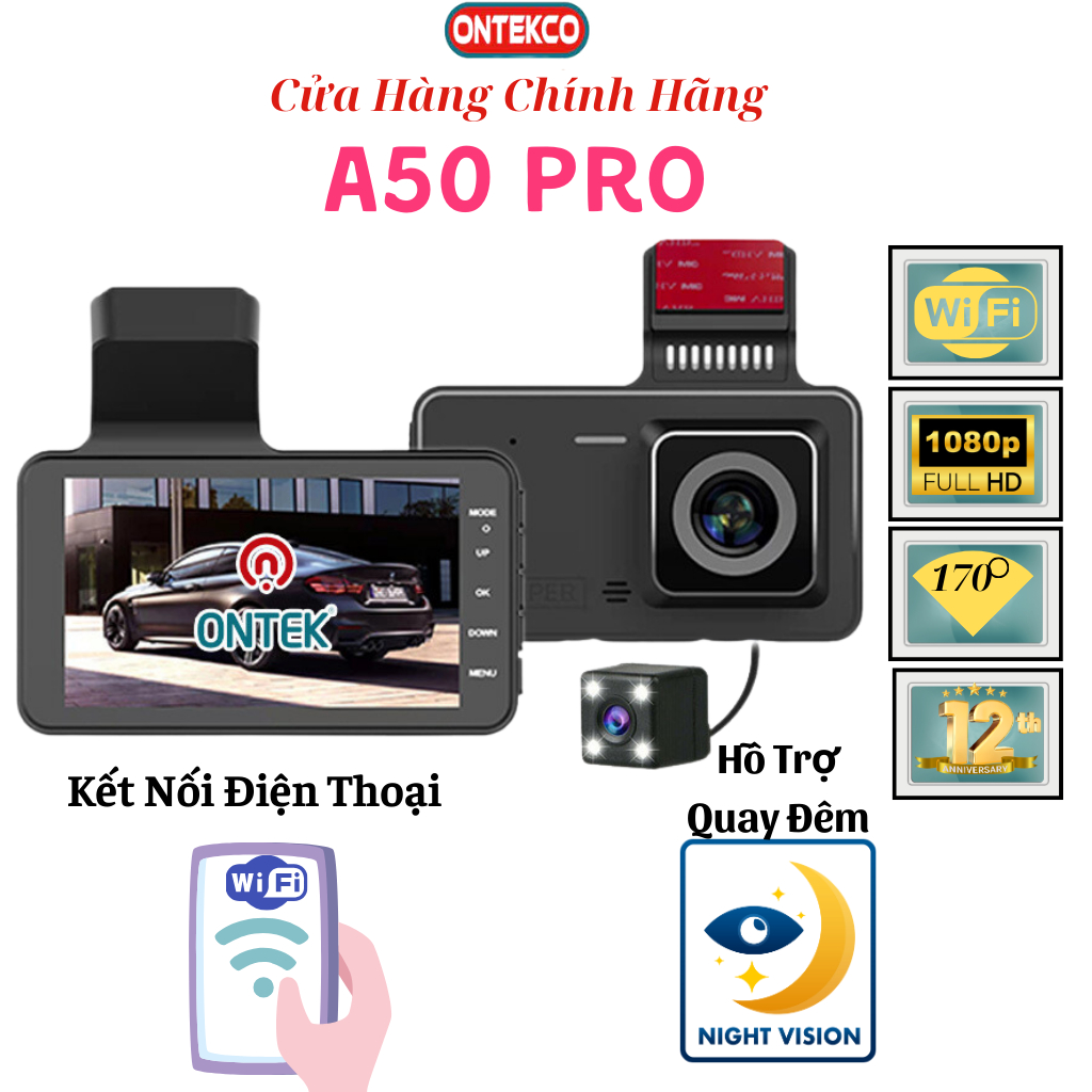 Camera hành trình ô tô ONTEKCO A50 PRO WiFi. Kết nối điện thoại, Bảo Hành Chính Hãng 12 Tháng