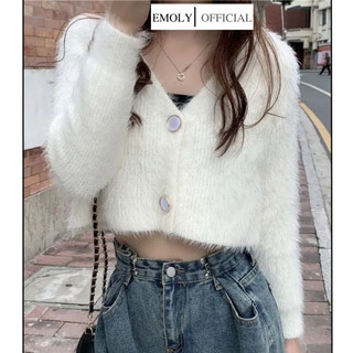 Áo len nữ croptop lông thỏ tay dài, áo khoác lông trắng dáng ngắn EMOLY - 129
