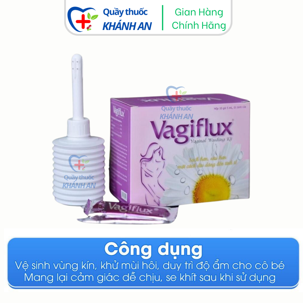 Bình thụt rửa vệ sinh phụ nữ Vagiflux gồm 1 bình rửa và 10 gói muối, tạo thành dung dịch vệ sinh rửa phụ khoa sâu