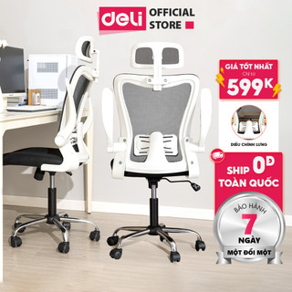 Ghế Xoay Văn Phòng Lưới Làm Việc Công Thái Học Deli Tay Gập Thông Minh Chỉnh Lưng Đệm Lưới Thoáng Khí Chân Kim Loại