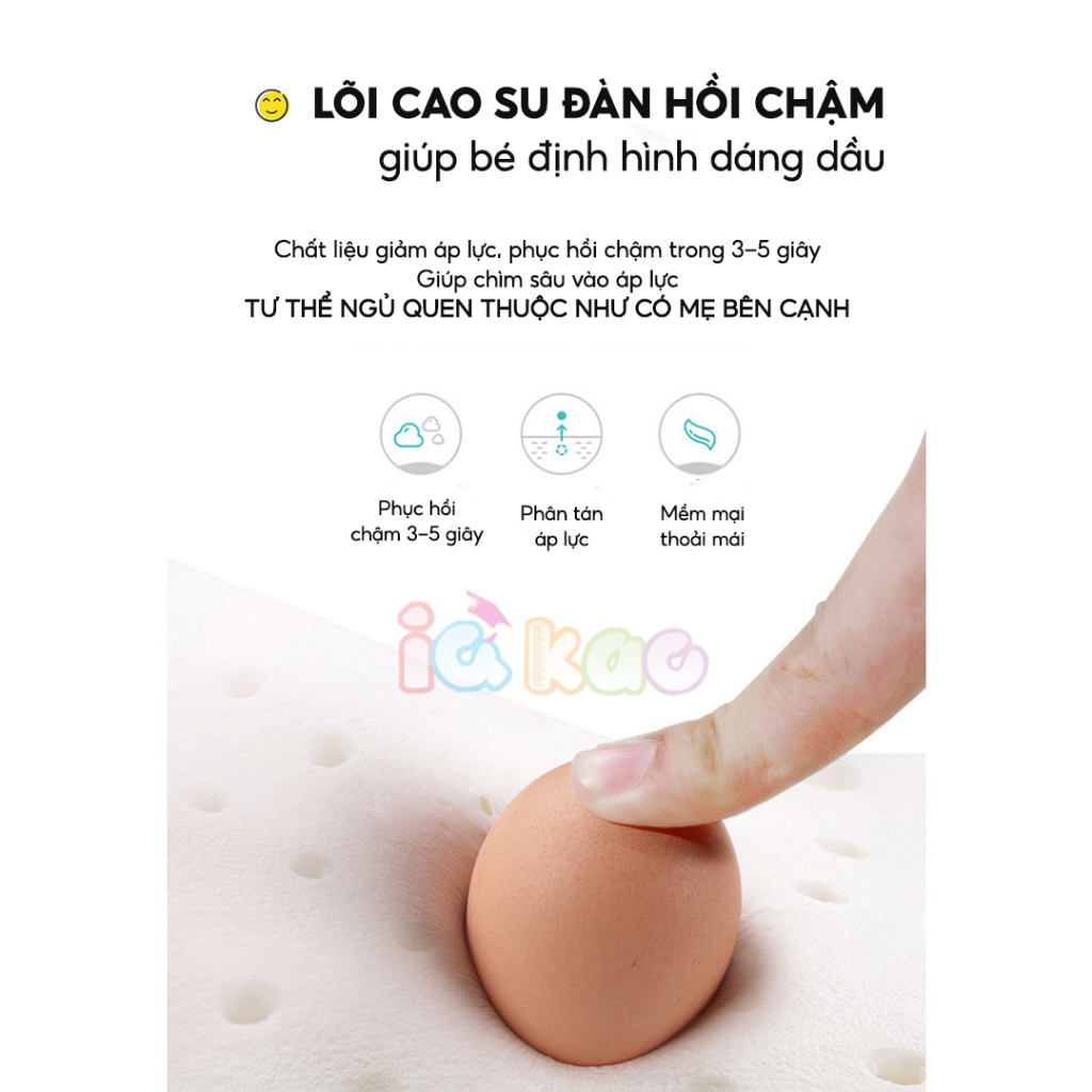 Gối cao su non IQ Kao thỏ chống bẹp đầu cao cấp bé 0-6 tuổi thiết kế công thái học, cotton thoáng khí bé ngủ ngon BG04