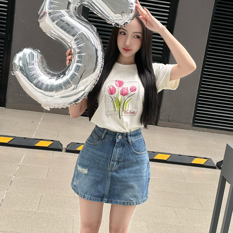 Chân váy jean bò ngắn ôm rách nhẹ TiQi Jeans V1-265