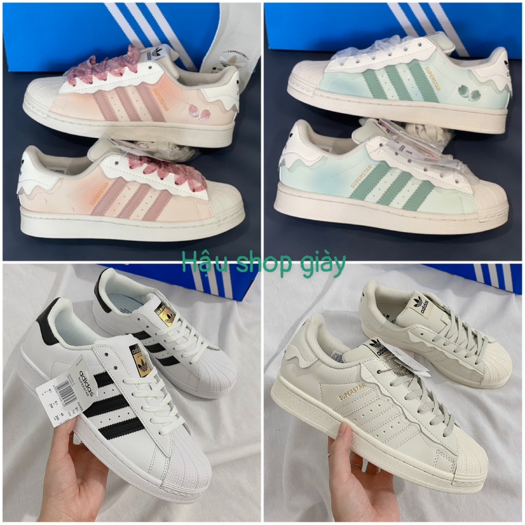 Giày Adidas superstar, giày thể thao adidas mũi sò, cổ thấp, đế bệt, 3 bản màu xanh hồng và kem, bản best full phụ kiện