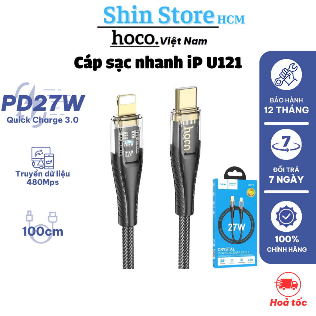 Cáp sạc nhanh 27W Hoco U121 Type-c to iP, đầu trong suốt LED báo sạc dây dù bện siêu bền - Shin Store