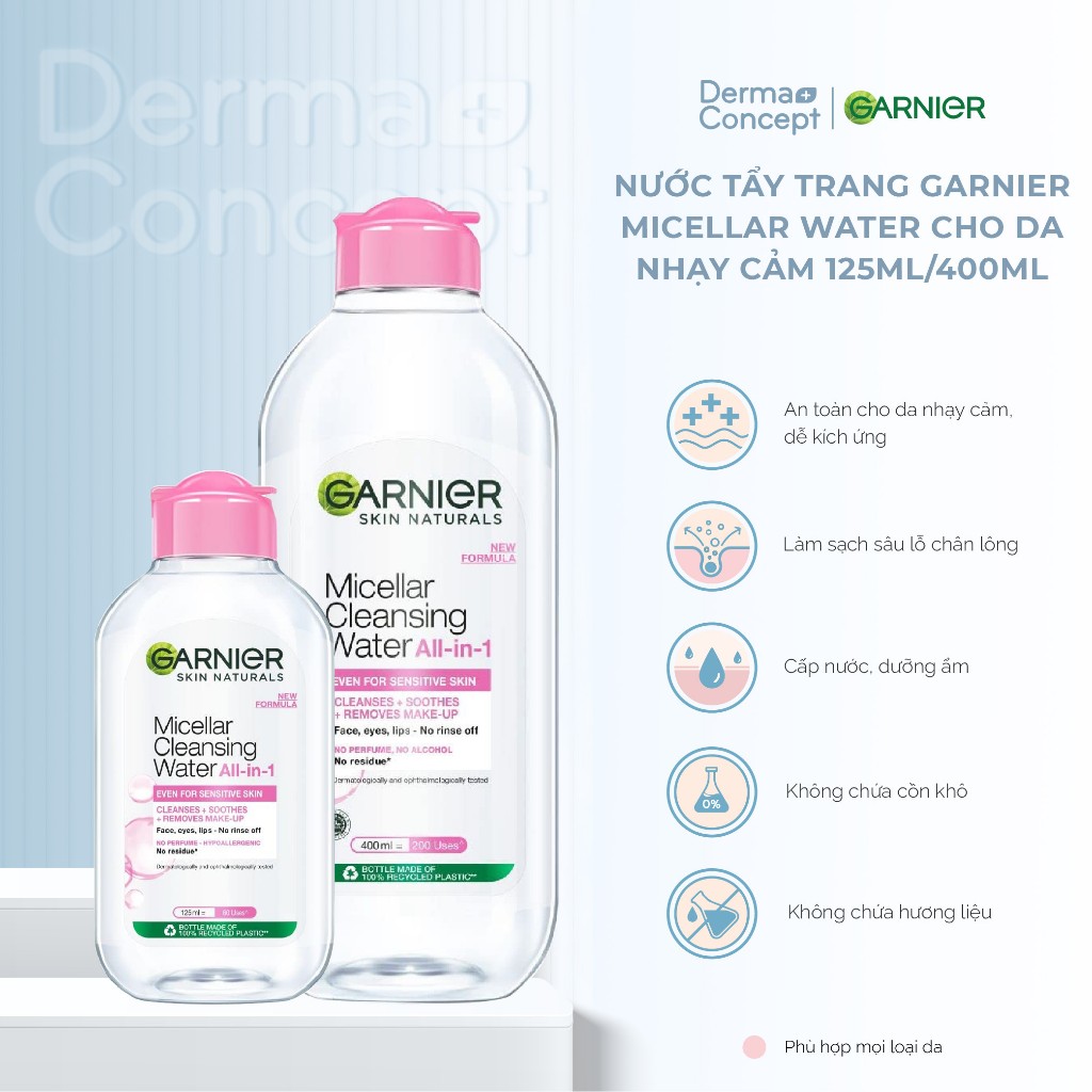 Nước tẩy trang Garnier Micellar Water tẩy sạch êm dịu cho mặt-mắt-môi 125ml/400ml