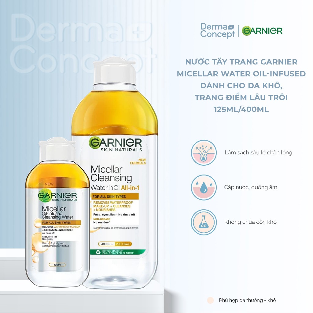 Nước tẩy trang Garnier Micellar Water tẩy sạch êm dịu cho mặt-mắt-môi 125ml/400ml