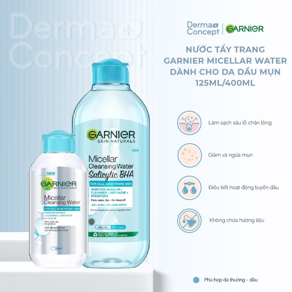 Nước tẩy trang Garnier Micellar Water tẩy sạch êm dịu cho mặt-mắt-môi 125ml/400ml