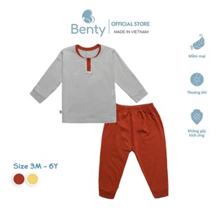 Bộ dài tay cổ trụ phối nền xám trơn BENTY mềm mịn mát, đồ bộ trẻ em an toàn cho bé trai bé gái