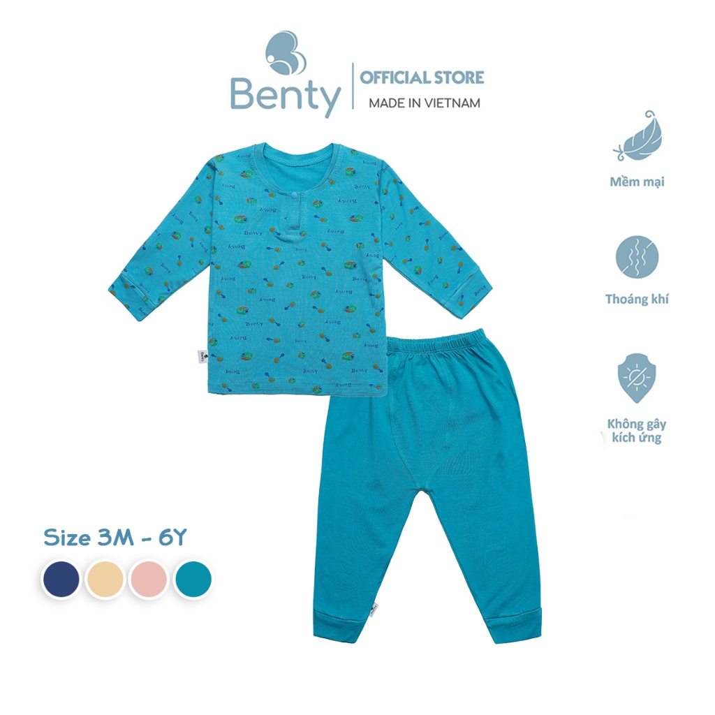 Bộ dài cổ trụ BENTY họa tiết cute cotton mềm mịn thấm hút mồ hôi, đồ bộ mặc ngủ cho bé