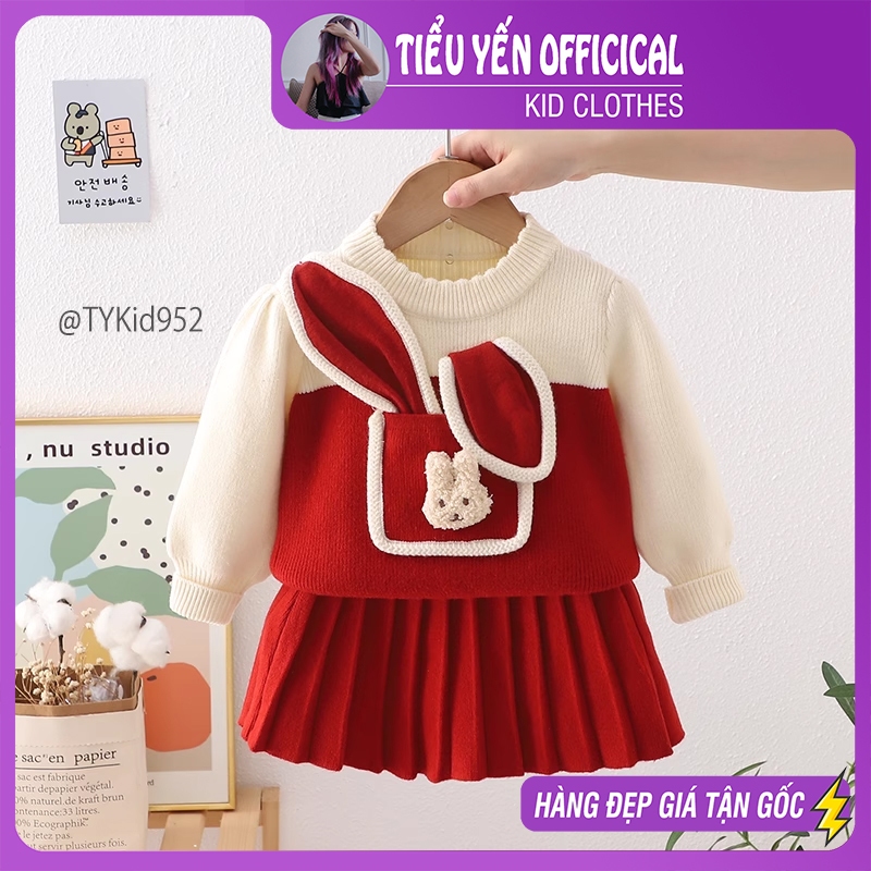 Quần áo trẻ em, bộ len cao cấp bé gái, áo len thỏ đỏ và chân váy len xếp ly S952 | Tiểu Yến KID