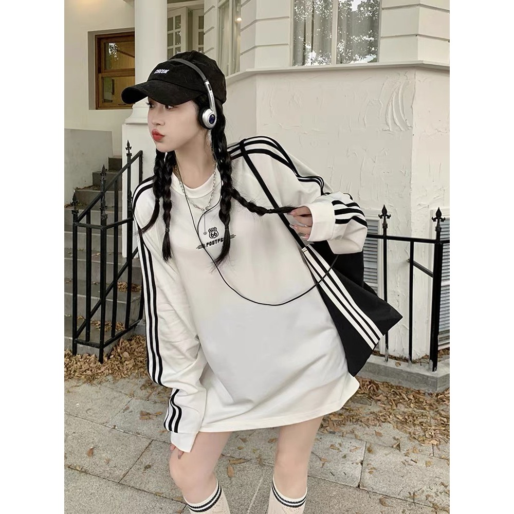 Áo Sweater Nỉ Da Cá, Áo Thun Unisex Form Rộng Thiết Kế Kẻ Sọc Thể Thao