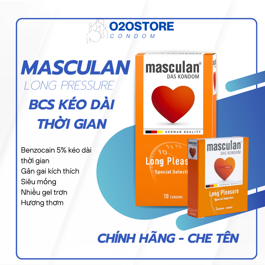 Bao cao su kéo dài thời gian QH GÂN GAI NHẸ tăng khoái cảm, bcs Masculan Long Pressure chính hãng-GIAO HÀNG KÍN ĐÁO